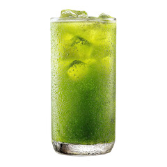 Tall glass of green juice with ice cubes and condensation, refreshing healthy beverage, isolated on clear background. --v 7.0