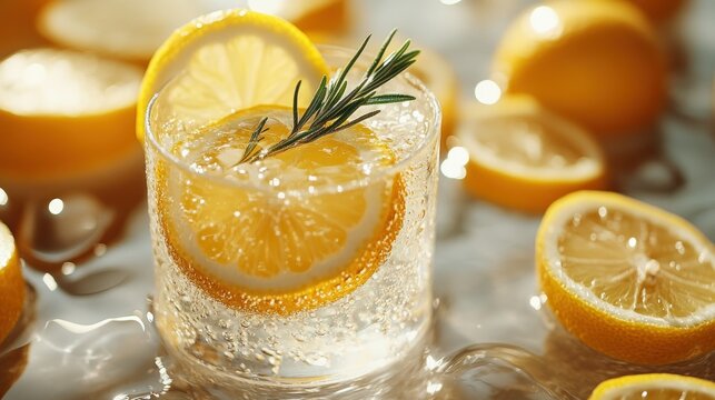 Refreshing lemon soda drink with rosemary garnish