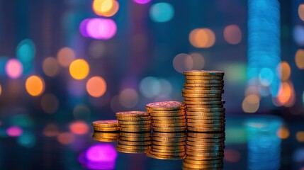 Stack of gold coins growing progressively higher on reflective surface with blurred city skyline background, wealth and investment concept 