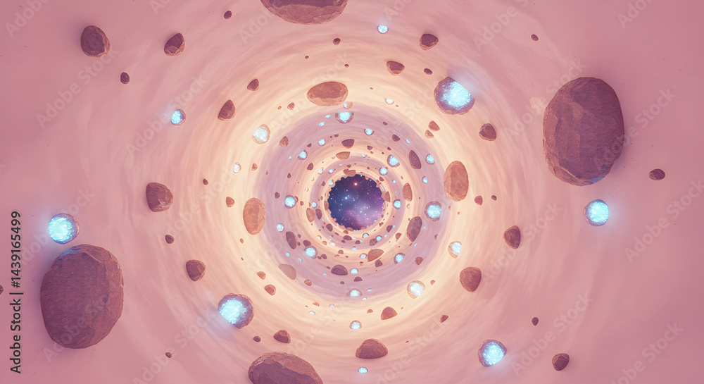 Poster cosmic tunnels and floating celestial objects abstract space journey