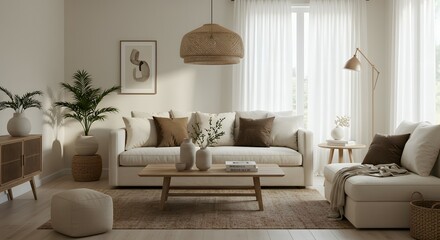 Serene Beige Living Room Interior Design Cozy Neutral Decor with Natural Textures and Light Wood Furniture