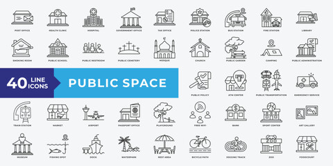 Public Space icon set with Post Office, Health Clinic, Hospital, Government Office, Tax Office, Police Station, Bus Station, Fire Station, Library, Public School, airport, bank and transportation