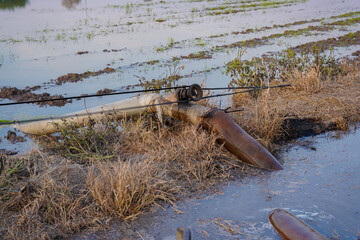 Fishing kayak with rod and paddle resting on muddy riverbank, surrounded by dry grass and water,...