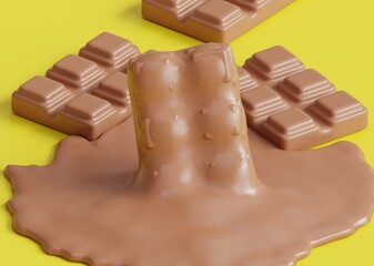 A melting chocolate bar surrounded by intact pieces on a vibrant yellow background.