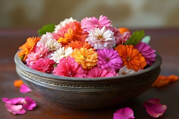 Floating candles in a bowl of vibrant pink and yellow frangipani flowers, serene and peaceful spa
