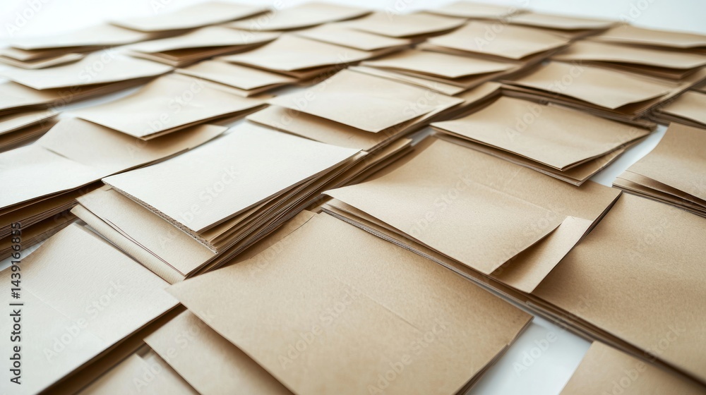 Poster flat folded carton boxes arranged in neat piles on white background