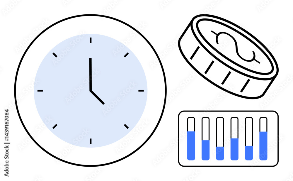 Poster clock displaying time, coin symbolizing finances, and progress bar indicating goals. ideal for time 