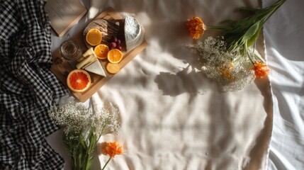 Cozy Breakfast Setting with Fresh Fruits, Cheese, Floral Accents, and Textured Linen in Soft Morning Light for a Relaxed Atmosphere