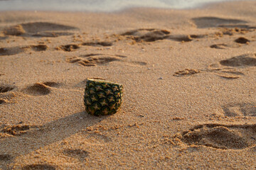 Pineapple cup on sandy beach with footprints, tropical summer vibe, outdoor relaxation, vacation mood, natural sunlight
