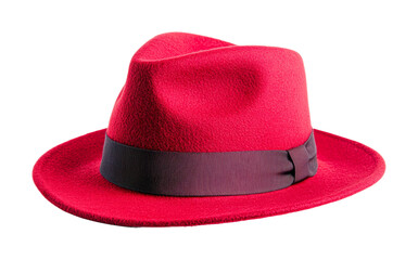 Stylish red fedora hat with black band, cut out - stock png.