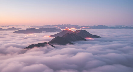 Peaks Above Whispering Clouds Dawn Serenity and Mystical Light Trails
