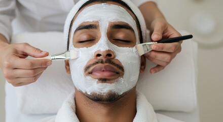 Relaxed Man with White Facial Mask Applied in Soft Lit Spa Setting Wearing White Robe and Towel Headband