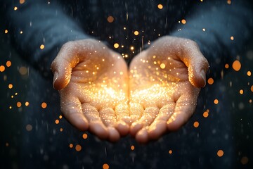 Catching raindrops with open hands under a single light magical moment nighttime close-up