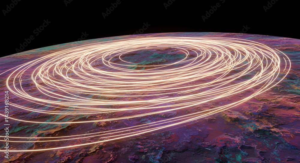 Poster abstract planet surface with glowing light trails of elliptical shapes