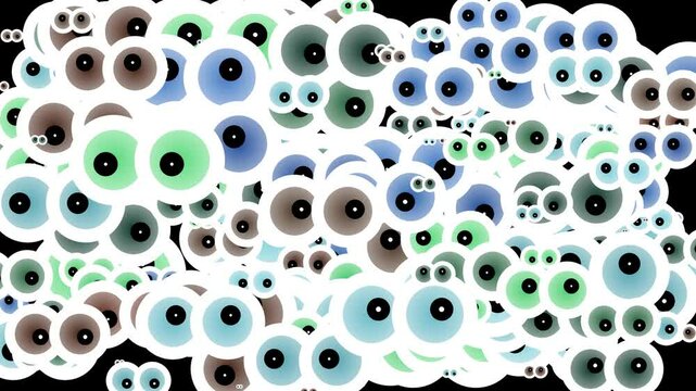 A visual features numerous pairs of eyes in various colors some of which are positioned on top of each other and all of them are shown in motion creating a lively and perhaps unsettling effect