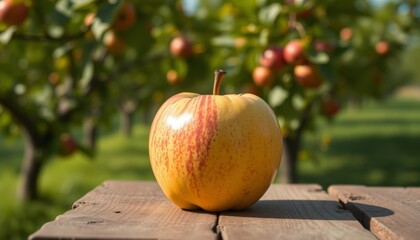 apple on a wooden table on the garden
