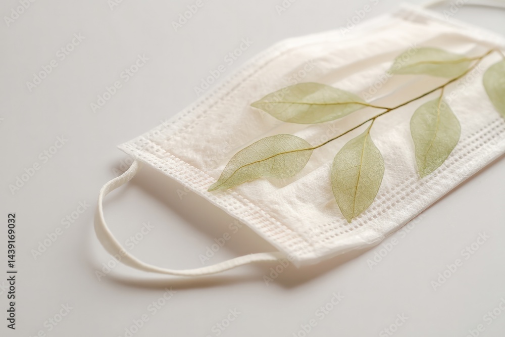 Poster close-up of medical mask with leaves subtly intertwining through its fibers representing delicate co