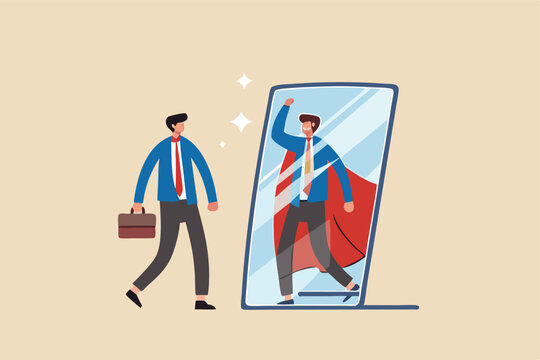 Self confidence or self esteem believe in yourself, positive attitude to success, ambition or determination to achieve goals, businessman looking at his strong ideal self superhero reflection mirror.