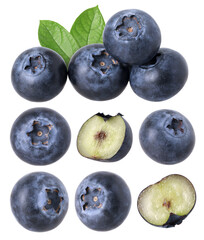 Close-up, Blueberry with leaves and half isolated, transparent PNG, Blueberry macro studio photo