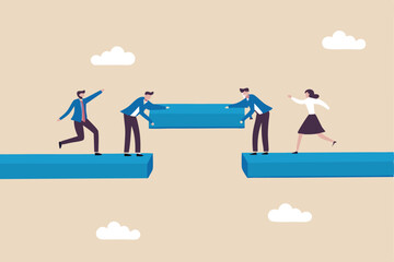 Build business bridge connect path together, solution or teamwork idea, cooperation or collaboration to success together concept, business people team help building the bridge to connect the way.