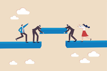 Build business bridge connect path together, solution or teamwork idea, cooperation or collaboration to success together concept, business people team help building the bridge to connect the way.