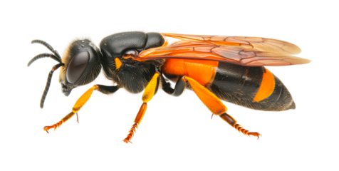 Detailed close-up of a black mason bee with distinctive orange markings, cut out - stock png.
