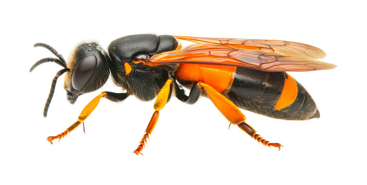 Detailed close-up of a black mason bee with distinctive orange markings, cut out - stock png.