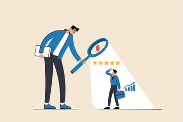Employee performance evaluation, appraisal or annual review for goals achievement, assessment for rating or feedback concept, businessman manager use magnifier to analyze employee with 5 stars rating.