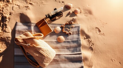 Beach Essentials Arrangement on Sand with Bag, Notebook, Shells, and Water Bottle for Relaxation and Inspiration at Coastal Location