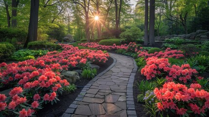 Soft pink azaleas in a woodland garden