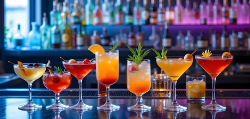 Colorful mixology display with a variety of cocktails in coupe saucers and sleek martini glasses