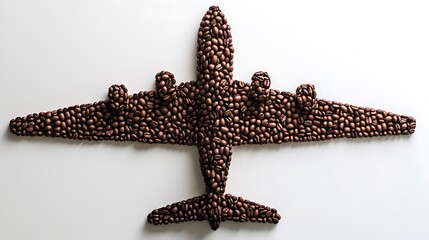 Creative airplane made of roasted coffee beans on white background

