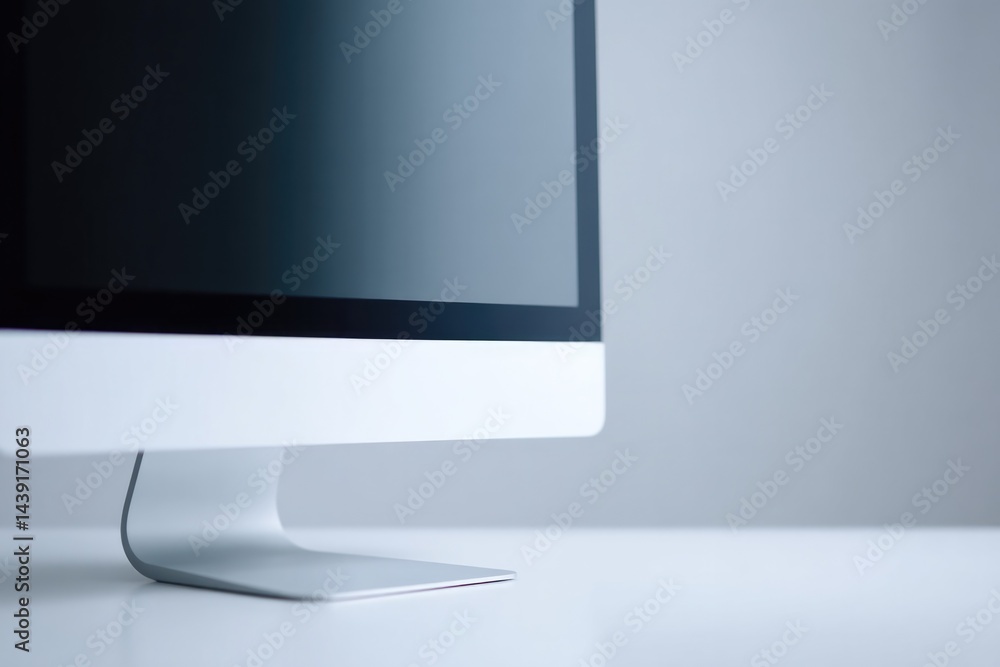 Poster close-up of single minimalist computer monitor on plain neutral-toned desk setup