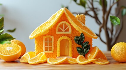 Creative small house made of orange peels and fruits on wooden surface

