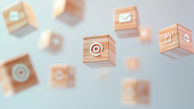Floating wooden cubes with contact symbols on a light gradient background.