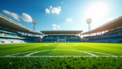 A lush green football ground with freshly cut grass, vivid white lines marking the pitch, and goalposts standing tall at each end, set against a clear blue sky with a few puffy white clo