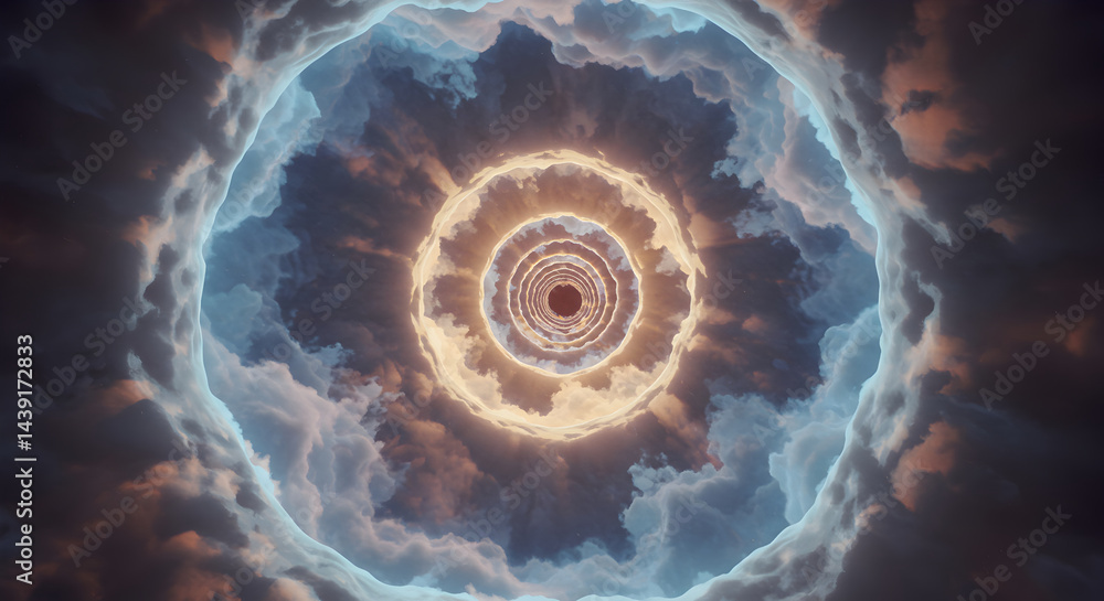 Poster celestial clouds embrace radiant circular passageway to an undefined location
