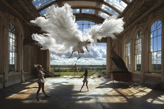 Dreamscape ballet: ethereal dancers in a derelict hall with surreal elements
