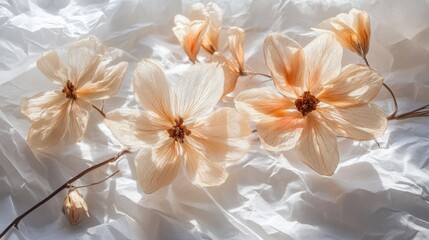 Delicate, pale peach blossoms on crumpled white paper.