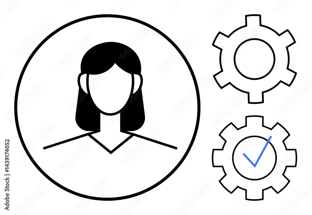 Poster minimal user profile avatar next to two gear icons, one with a checkmark. ideal for profile manageme