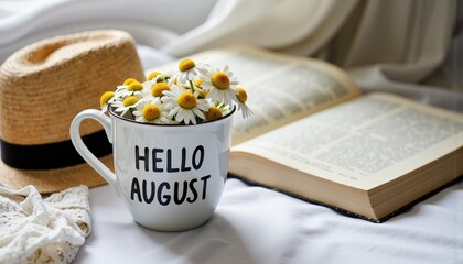 Flower cup with daisies welcoming August on a cozy background  