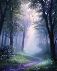 71. misty forest at dawn, soft light through trees