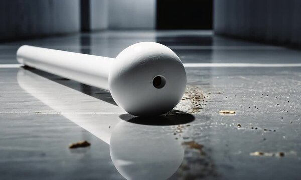 A white object lying on a polished floor in a dimly lit corridor with scattered debris