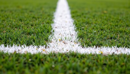Close-up of white line marking on vibrant green soccer field  