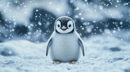 Fototapeta premium Penguin in cold weather with falling snow