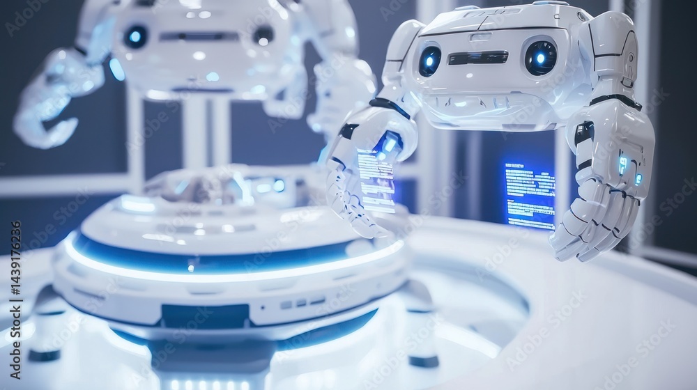 Poster futuristic robot consultants with floating digital tools offering customer service on white surface.