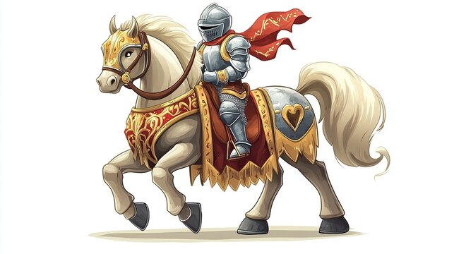Knight in shining armor riding a palfrey.