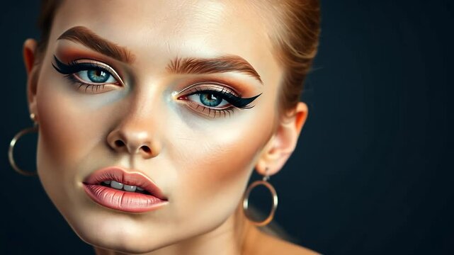 Elegant woman with professional makeup tutorial and clean healthy skin concept