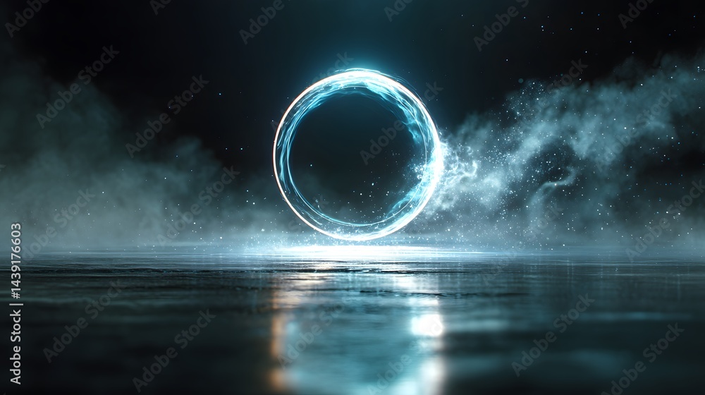 Poster a mesmerizing display of light and water. a bright blue circle is floating above a reflective surfac