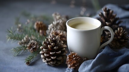 Cozy Scene Unfolds with White Mug Surrounded by Pinecones and Evergreen Accents in Soft Lighting